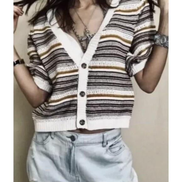 House of‎ Harlow 1960 Cardigan Womens Small Stripe Puff Sleeve Cropped Sweater - Picture 1 of 10